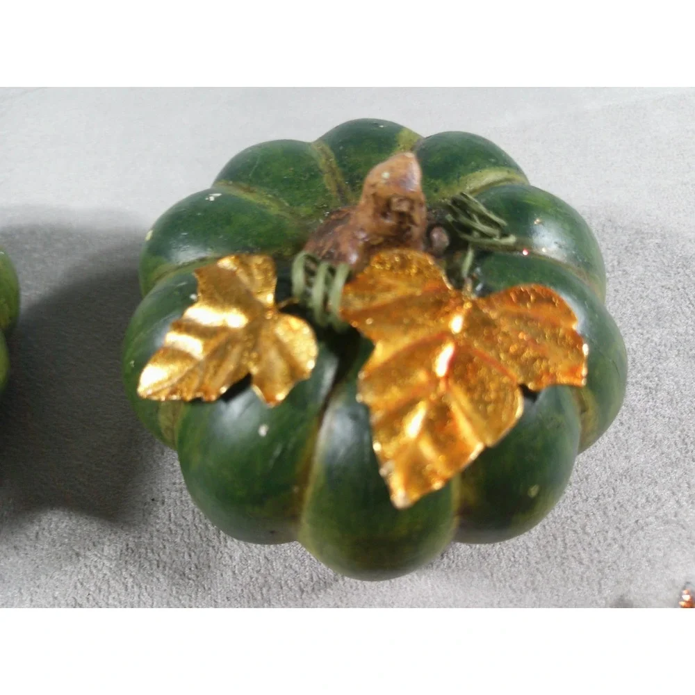 Green Resin Pumpkins and Glitter Mesh Leaf Clips Fall Harvest Decor Set of 4
